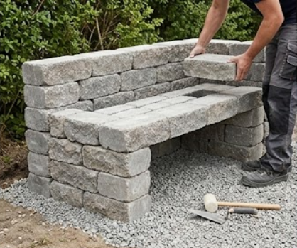 Guide til at bygge en b�nk af st�ttemursblokke